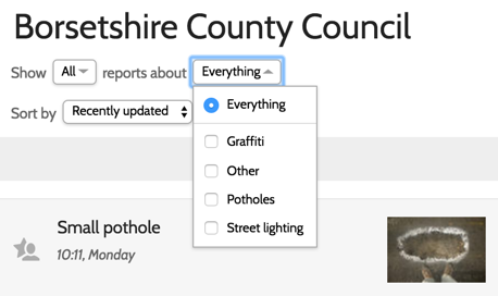 The drop-downs at the top of the report list allow you to filter which reports you see