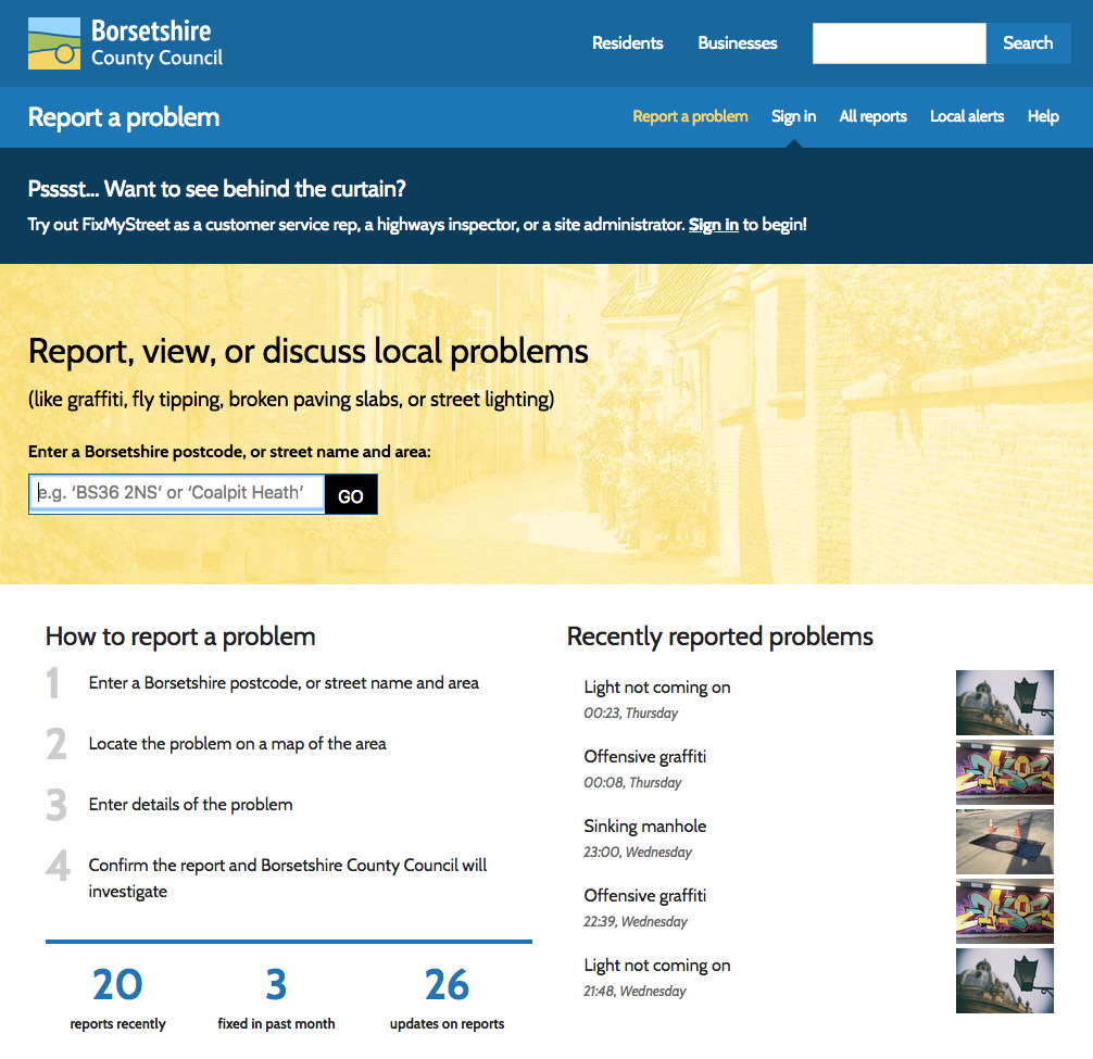 The start page invites the resident to search for the location of their issue