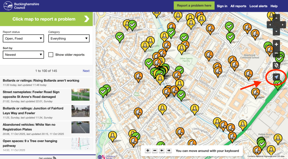 Clicking the arrow button re-centres the map