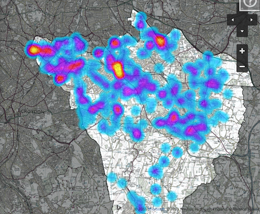Screenshot of Bromley heatmap showing clusters in the north and north west.